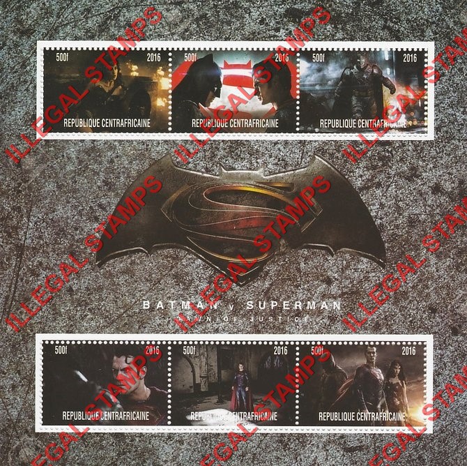 Central African Republic 2016 Batman v Superman Illegal Stamp Souvenir Sheet of 6 (Sheet 2)
