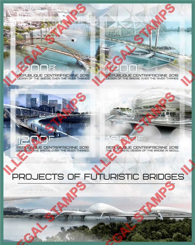 Central African Republic 2016 Bridges Futuristic Illegal Stamp Souvenir Sheet of 4