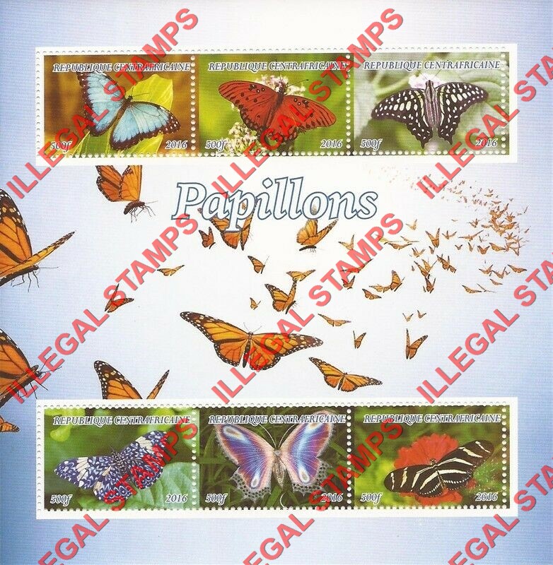 Central African Republic 2016 Butterflies Illegal Stamp Souvenir Sheet of 6 (Sheet 1)