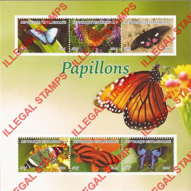Central African Republic 2016 Butterflies Illegal Stamp Souvenir Sheet of 6 (Sheet 2)