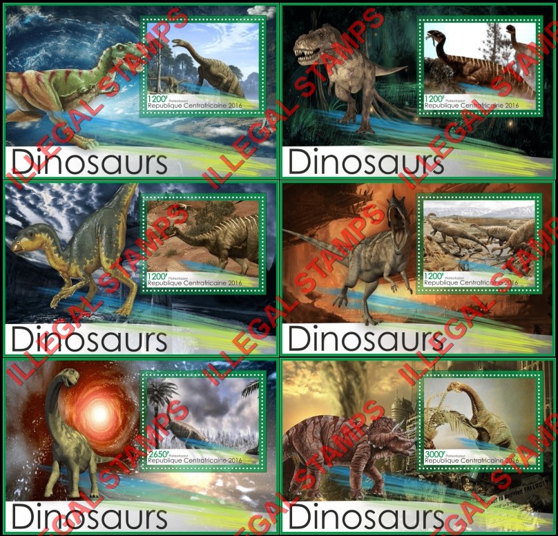 Central African Republic 2016 Dinosaurs Illegal Stamp Souvenir Sheets of 1