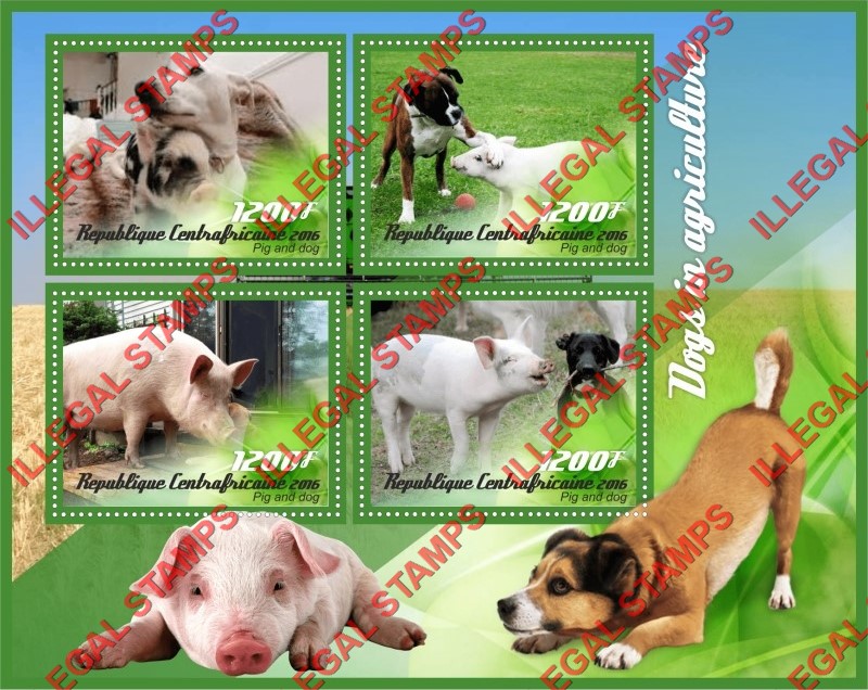 Central African Republic 2016 Dogs and Pigs Illegal Stamp Souvenir Sheet of 4