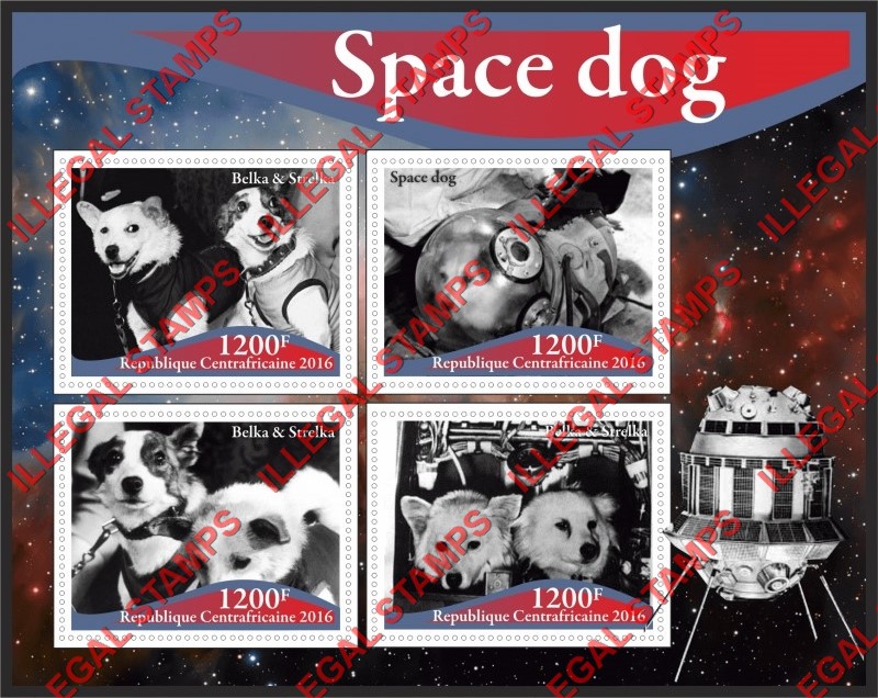 Central African Republic 2016 Dogs in Space Illegal Stamp Souvenir Sheet of 4