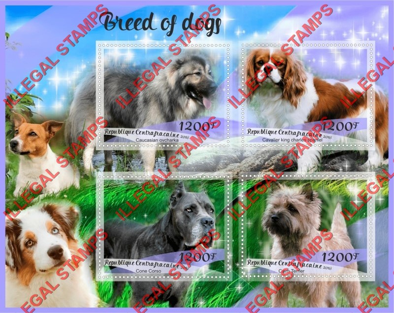 Central African Republic 2016 Dogs Illegal Stamp Souvenir Sheet of 4