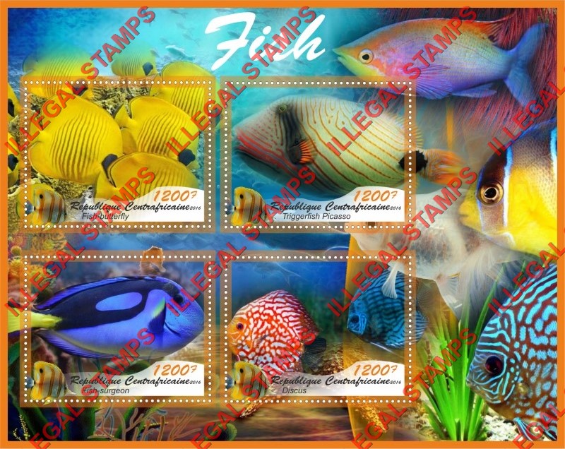 Central African Republic 2016 Fish Illegal Stamp Souvenir Sheet of 4