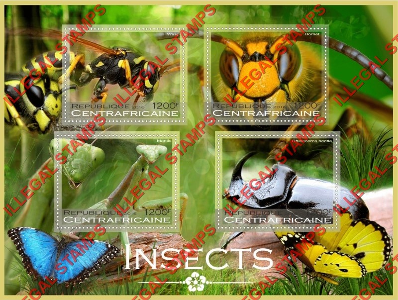 Central African Republic 2016 Insects (different) Illegal Stamp Souvenir Sheet of 4
