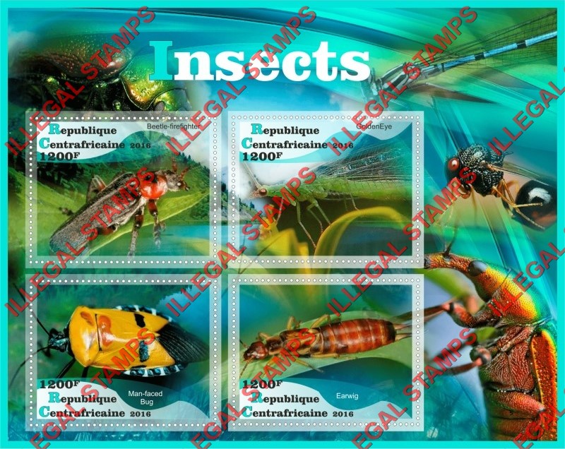 Central African Republic 2016 Insects Illegal Stamp Souvenir Sheet of 4