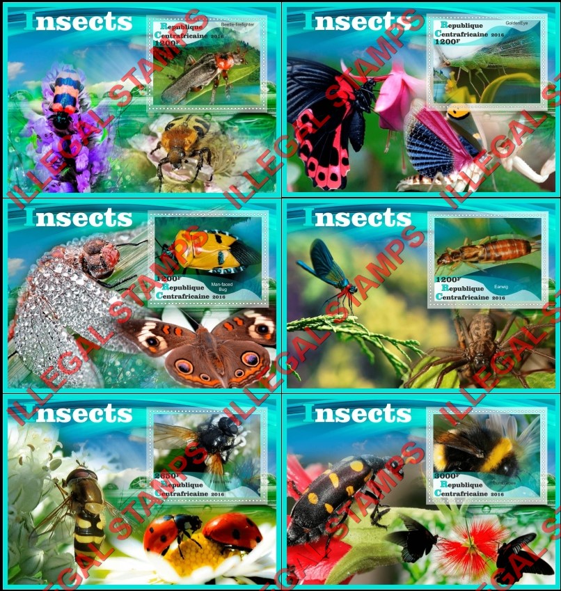 Central African Republic 2016 Insects Illegal Stamp Souvenir Sheets of 1