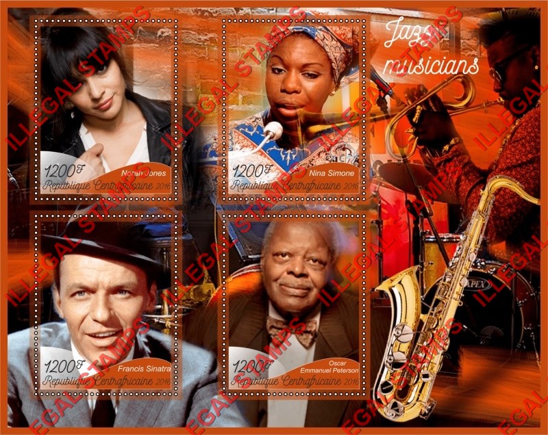 Central African Republic 2016 Jazz Musicians Illegal Stamp Souvenir Sheet of 4