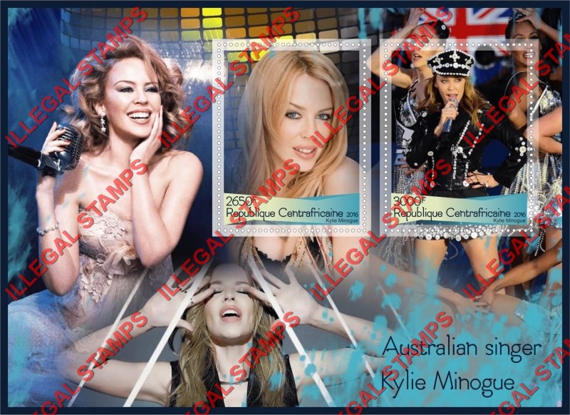Central African Republic 2016 Kylie Minogue Illegal Stamp Souvenir Sheet of 2