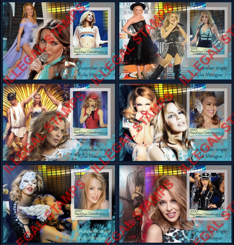 Central African Republic 2016 Kylie Minogue Illegal Stamp Souvenir Sheets of 1