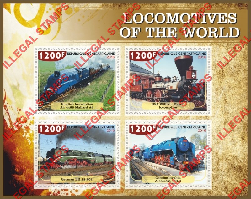 Central African Republic 2016 Locomotives of the World Illegal Stamp Souvenir Sheet of 4