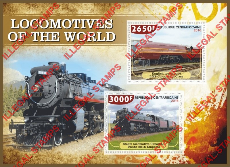 Central African Republic 2016 Locomotives of the World Illegal Stamp Souvenir Sheet of 2