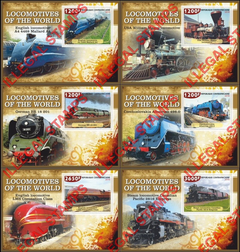 Central African Republic 2016 Locomotives of the World Illegal Stamp Souvenir Sheets of 1