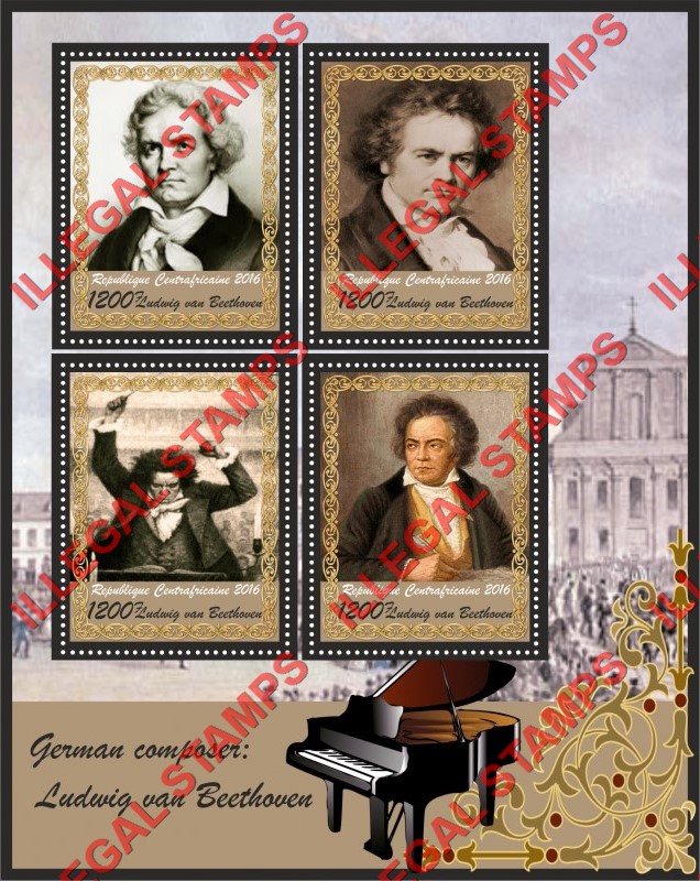 Central African Republic 2016 Ludwig van Beethoven Illegal Stamp Souvenir Sheet of 4