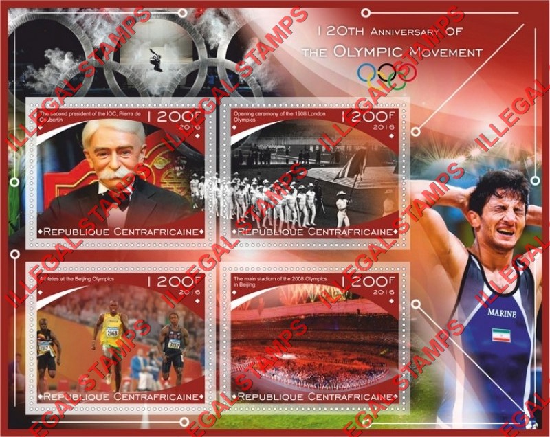 Central African Republic 2016 Olympic Movement Illegal Stamp Souvenir Sheet of 4