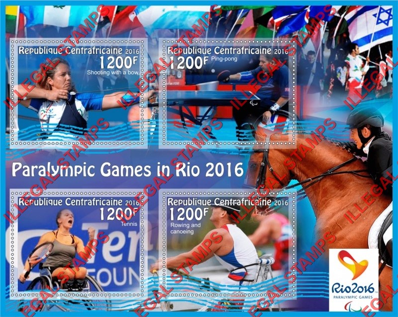 Central African Republic 2016 Paralympic Games in Rio Illegal Stamp Souvenir Sheet of 4