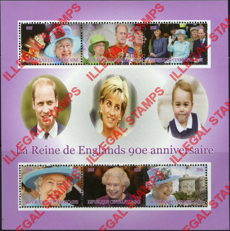 Central African Republic 2016 Queen Elizabeth II 90th Bithday Anniversary Illegal Stamp Souvenir Sheet of 6