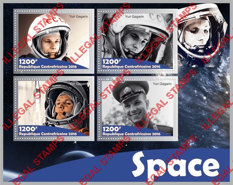 Central African Republic 2016 Space Yuri Gagarin Illegal Stamp Souvenir Sheet of 4