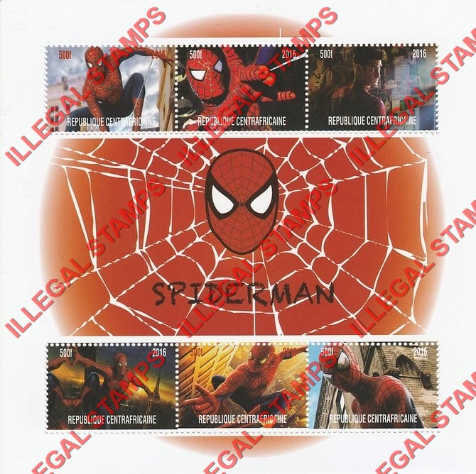 Central African Republic 2016 Spiderman Illegal Stamp Souvenir Sheet of 6 (Sheet 1)
