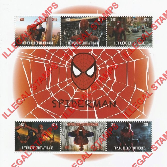 Central African Republic 2016 Spiderman Illegal Stamp Souvenir Sheet of 6 (Sheet 2)