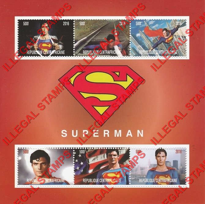 Central African Republic 2016 Superman Illegal Stamp Souvenir Sheet of 6