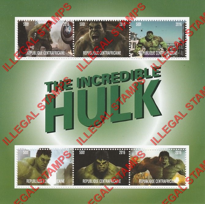 Central African Republic 2016 The Incredible Hulk Illegal Stamp Souvenir Sheet of 6