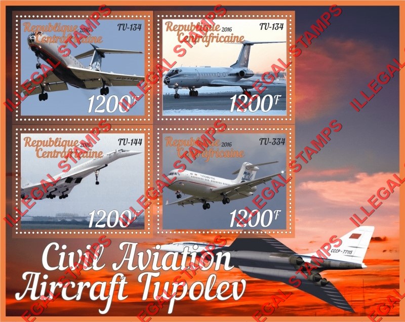 Central African Republic 2016 Tupolev Aircraft (different a) Illegal Stamp Souvenir Sheet of 4