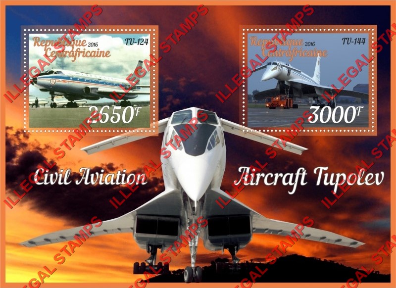 Central African Republic 2016 Tupolev Aircraft (different a) Illegal Stamp Souvenir Sheet of 2