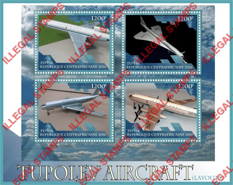 Central African Republic 2016 Tupolev Aircraft (different) Illegal Stamp Souvenir Sheet of 4