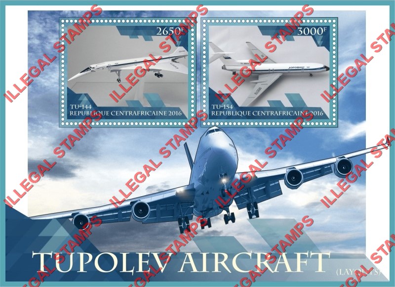 Central African Republic 2016 Tupolev Aircraft (different) Illegal Stamp Souvenir Sheet of 2