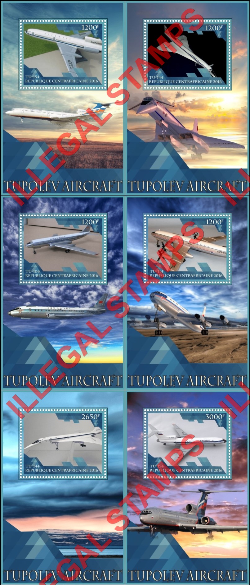 Central African Republic 2016 Tupolev Aircraft (different) Illegal Stamp Souvenir Sheets of 1