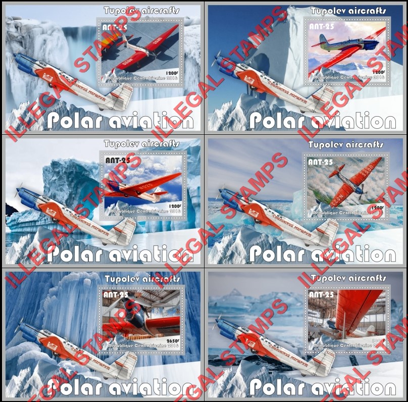 Central African Republic 2016 Tupolev Aircraft Polar Aviation Illegal Stamp Souvenir Sheets of 1
