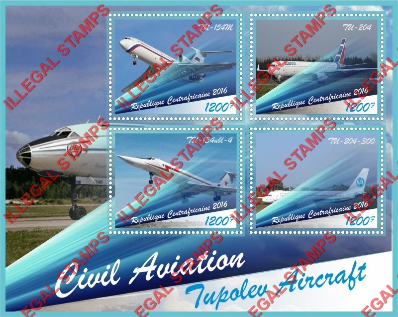 Central African Republic 2016 Tupolev Aircraft Illegal Stamp Souvenir Sheet of 4