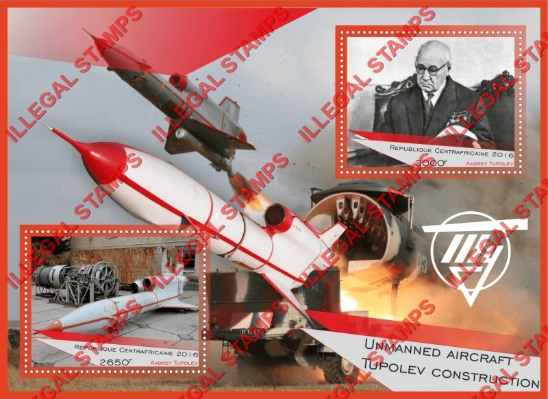 Central African Republic 2016 Tupolev Aircraft Unmanned Illegal Stamp Souvenir Sheet of 2