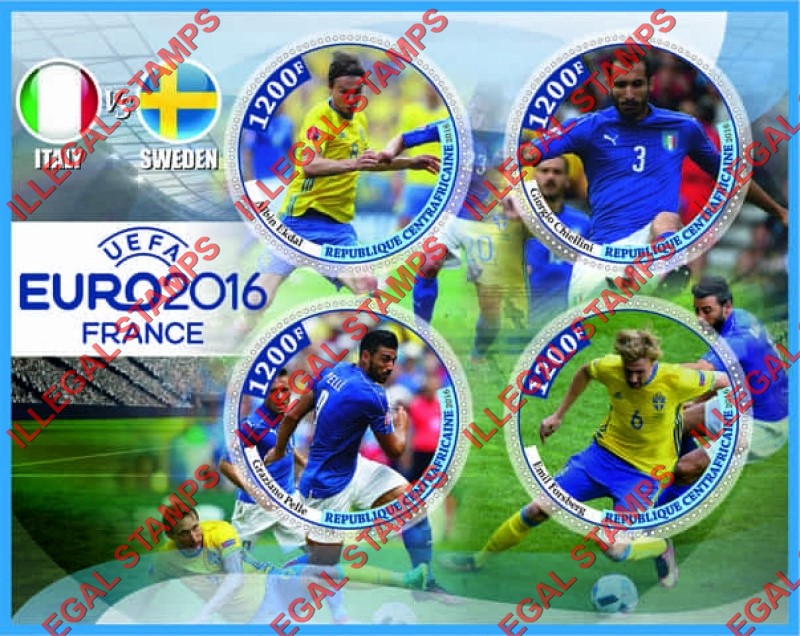 Central African Republic 2016 UEFA EURO Soccer Championship Illegal Stamp Souvenir Sheet of 4