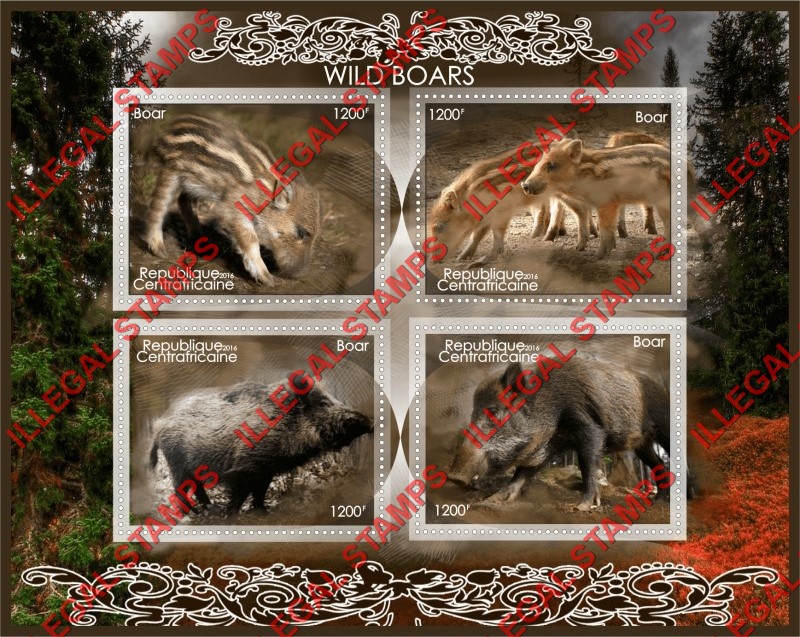Central African Republic 2016 Wild Boars Illegal Stamp Souvenir Sheet of 4