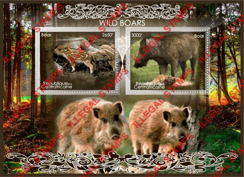 Central African Republic 2016 Wild Boars Illegal Stamp Souvenir Sheet of 2