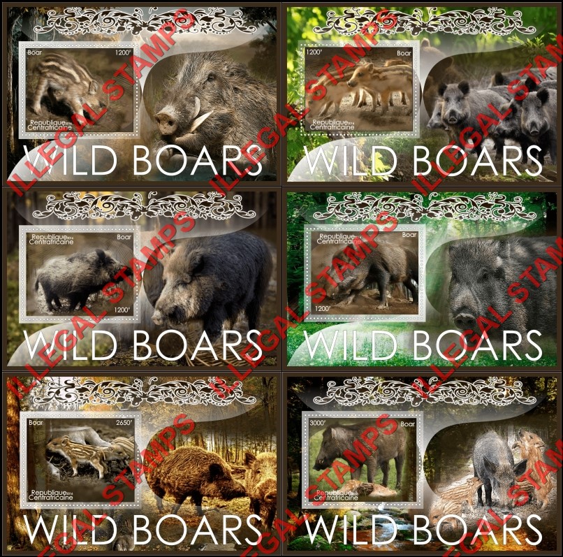 Central African Republic 2016 Wild Boars Illegal Stamp Souvenir Sheets of 1