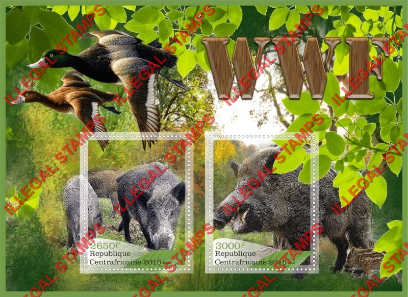 Central African Republic 2016 Wild Boars WWF Illegal Stamp Souvenir Sheet of 2