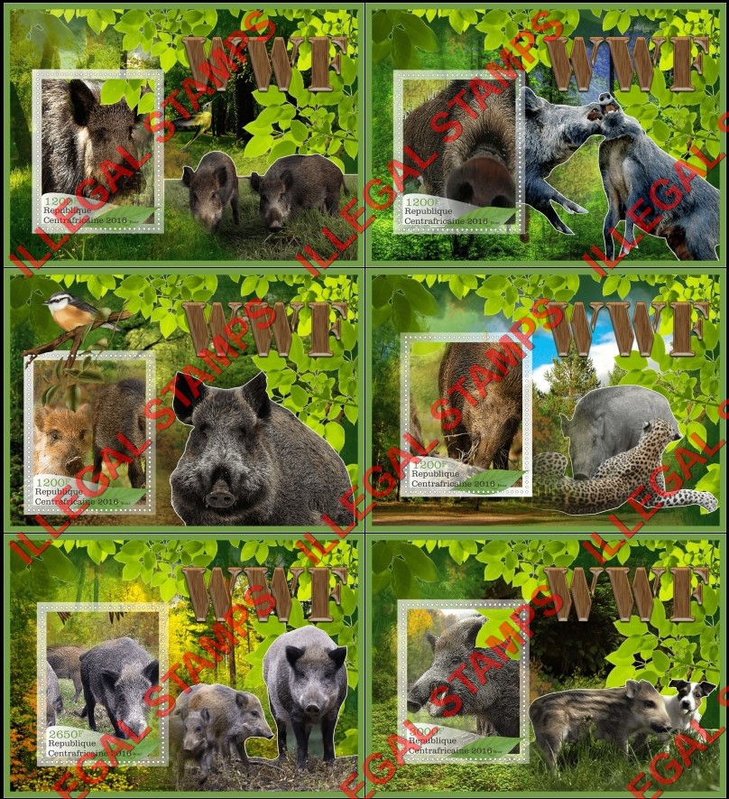 Central African Republic 2016 Wild Boars WWF Illegal Stamp Souvenir Sheets of 1