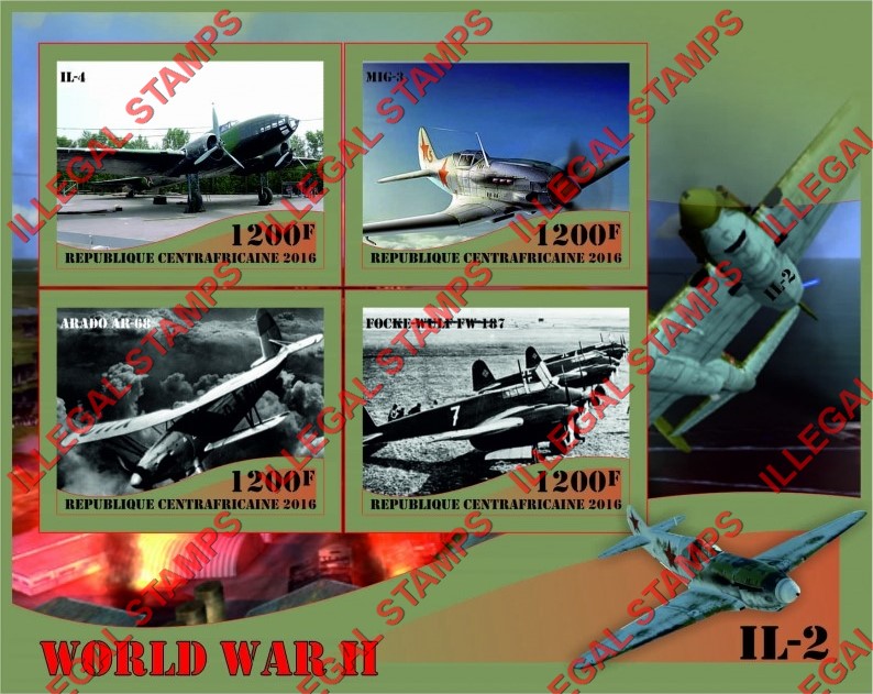 Central African Republic 2016 World War II Military Aircraft Illegal Stamp Souvenir Sheet of 4
