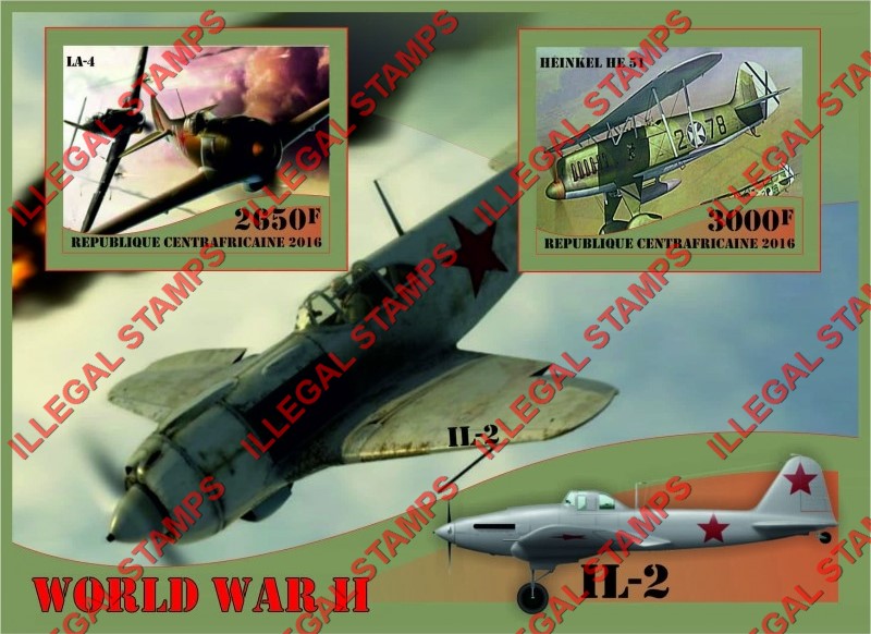 Central African Republic 2016 World War II Military Aircraft Illegal Stamp Souvenir Sheet of 2