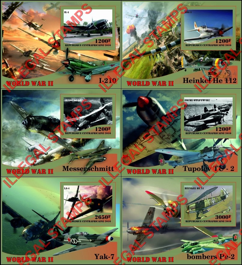 Central African Republic 2016 World War II Military Aircraft Illegal Stamp Souvenir Sheets of 1