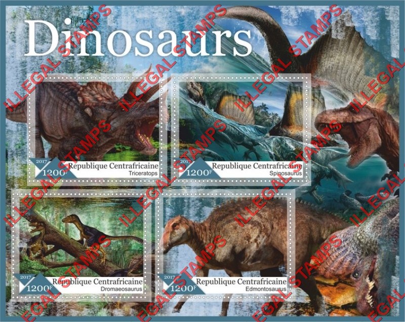 Central African Republic 2017 Dinosaurs Illegal Stamp Souvenir Sheet of 4