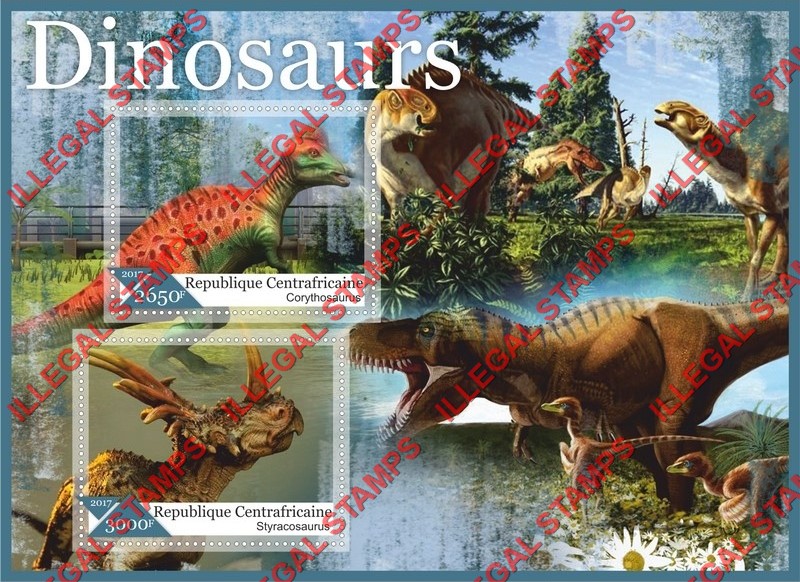 Central African Republic 2017 Dinosaurs Illegal Stamp Souvenir Sheet of 2