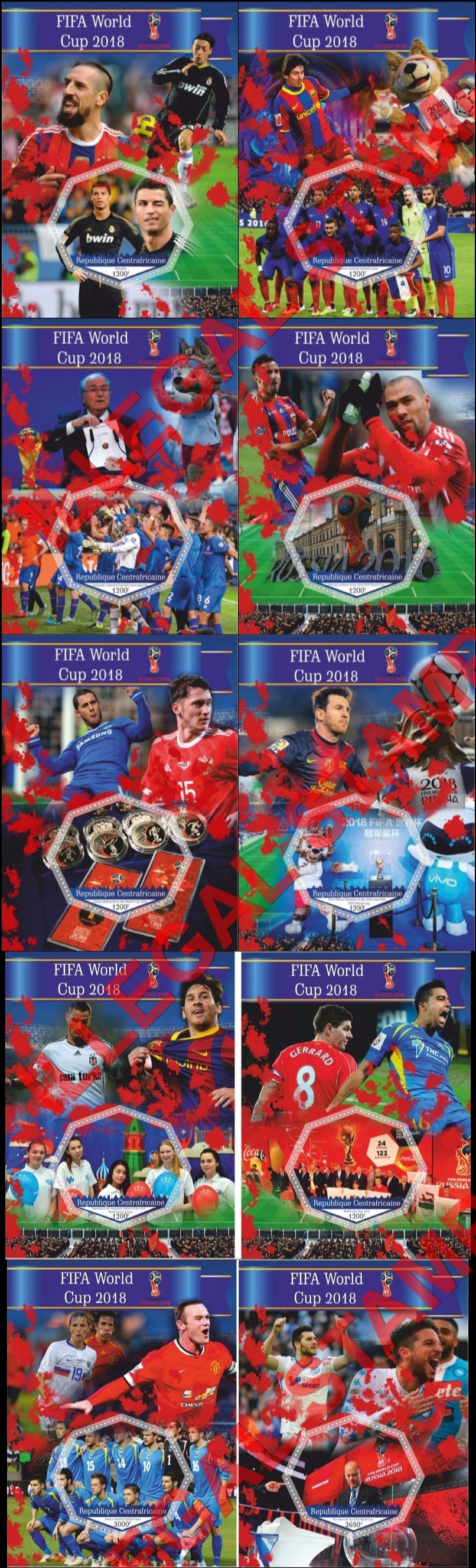 Central African Republic 2017 FIFA World Cup soccer in russia in 2018 (different) Illegal Stamp Souvenir Sheets of 1