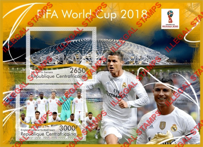 Central African Republic 2017 FIFA World Cup soccer in russia in 2018 Illegal Stamp Souvenir Sheet of 2