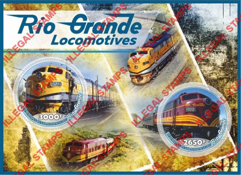 Central African Republic 2017 Locomotives in the Rio Grande Illegal Stamp Souvenir Sheet of 2