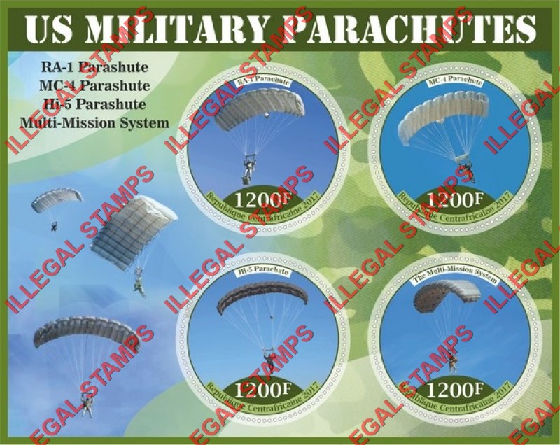 Central African Republic 2017 Military Parachutes Illegal Stamp Souvenir Sheet of 4